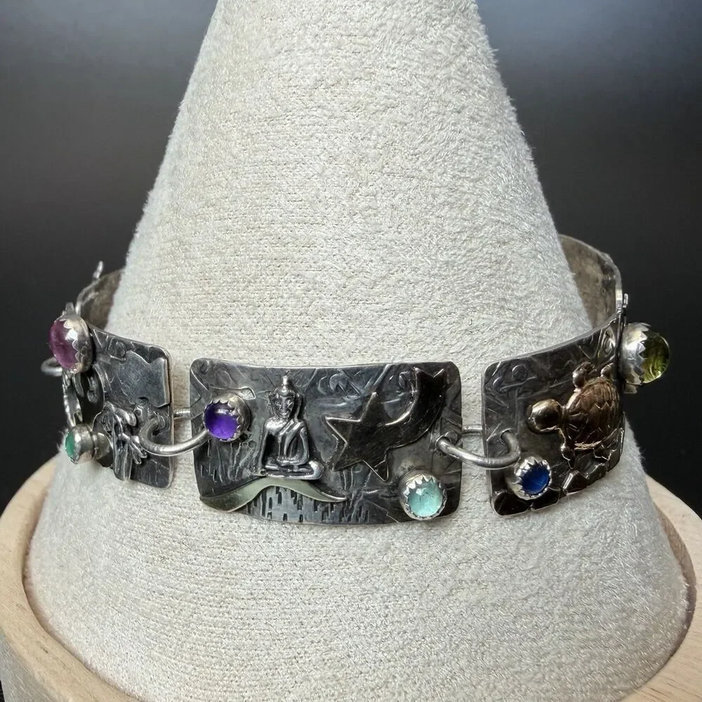 Vintage Handmade Artisan Panel Link Bracelet 925 Sterling Silver 14K Gold & Gems